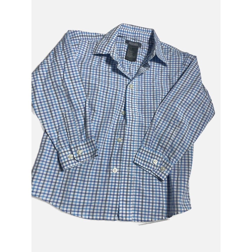 Kenneth Cole Reaction Button Down Boys 7 Blue‎ Gingham Plaid Long Sleeve Dressy